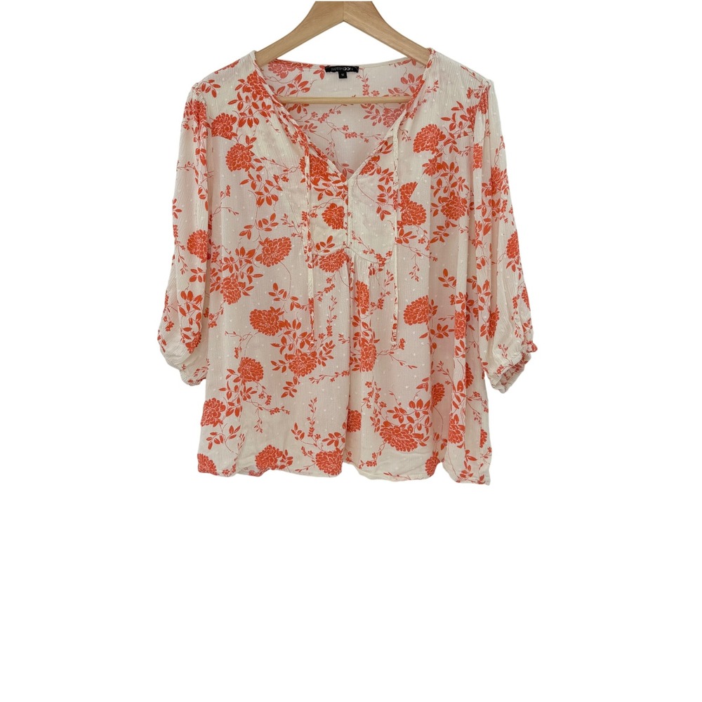 Papermoon Plus Size Floral‎ Print Blouse Top Orange Cream V Neck Sz 1x Boho